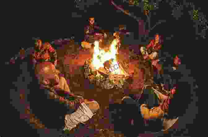 Weary Travelers Gathered Around A Campfire, Sharing Stories And Dreams Under The Open Sky On The Road To The Eternal Sunset